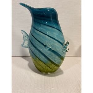 Hand-blown art glass fish vase pitcher blue sea-green applied fins Murano-style